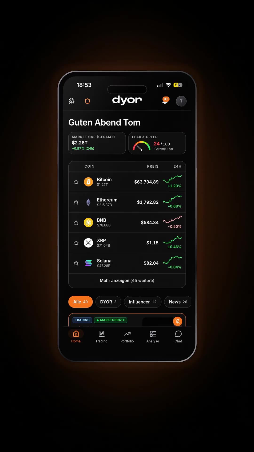DYOR Terminal Home-Screen aus leuchtenden Datenpartikeln